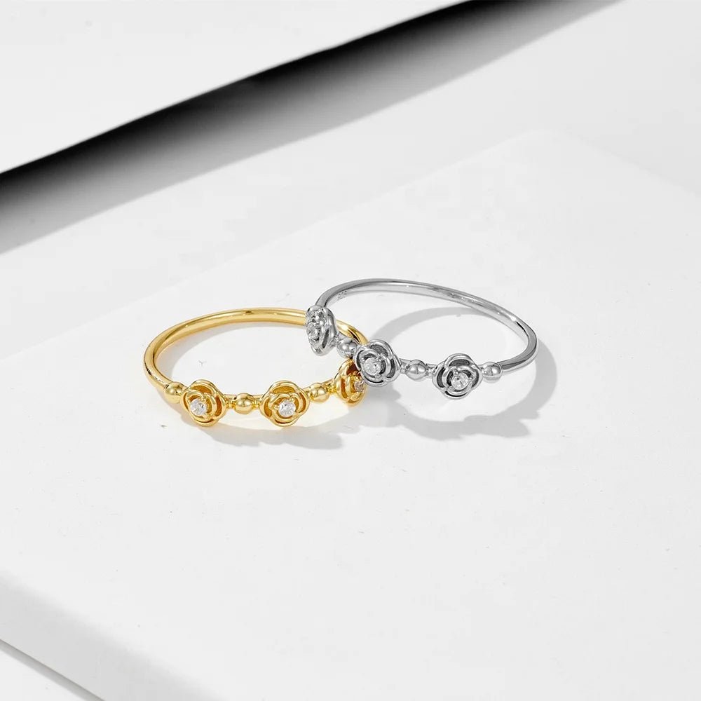 Trendy Engagement Three Rose Flower Stackable 925 Sterling Silver Cubic Zircon Gold Plated Promise Wedding Rings for Women – Image 6