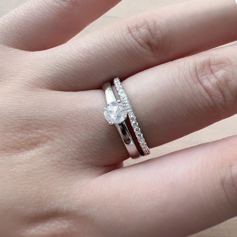 Jewelry 925 Sterling Silver 14K White Gold Plated Cz Zircon Double Layered Rings Engagement Ring for Perfect Wedding – Image 5