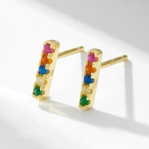 Fashion  Designer Inspired Pure 925 Silver Petite Multi Color Zirconia Rainbow Cz Stones Bar Diamond Stud Earring