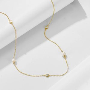 LN0086 Fashion Jewelry 925 Sterling Silver Necklaces Natural Freshwater Pearl Round Zircon Gold Plated Necklaces for Women