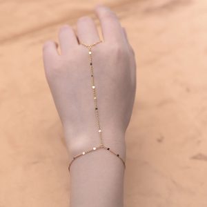 Jewelry 925 Sterling Silver Gold Plated Ultra Bright Ceramic Tile Finger Sleeve Chain  Mini Round Hand Chain Ring Bracelets