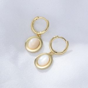 Minimalist Mother of Shell Oval Cut Jewelry Psj 925 Sterling Silver 14k Gold Plated Drop Down Huggies Earrings for Women