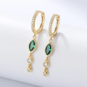 Findings Designer Green Marquise Cut Psj S 925 Sterling Silver 14k Gold Plated Bling Cubic Zirconia Huggies Stick Earrings
