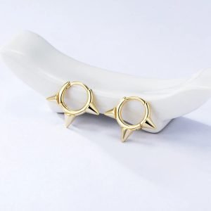 Peishang 925 Sterling Silver  Hips Hop Jewelry Women  Gold Plated Hoops Spike Earrings