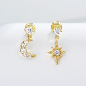 925 Sterling Silver  Gold Plated New Design Women Minimalist Fashion Dangle Star Moon Earrings