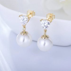 Simple Minimalist Single Shell Pearl Psj S925 Sterling Silver 14k Gold Plated Cubic Zircon Trillion Drop Down Earrings for Women