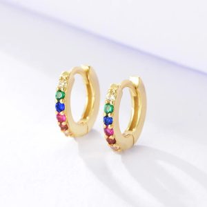 925 Sterling Silver 14K Gold Plated Color Crystal Tiny Small Rainbow Huggie Earrings