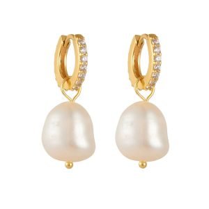 Peishang Wholesale 925 Sterling Silver 14K Gold Plated Cz Zircon Drop Baroque Pearls Pendant Hoop Earrings  for Women Jewelry