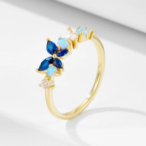 925 Sterling Silver Simple Butterfly Blue Zircon Ring Gold Opal Ring for Women Wholesale Stacking Rings