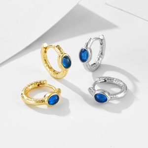 Custom 18k Gold Plated  OEM Vermeil  Colorful Earring 925 Sterling Silver Women Jewelry Sapphire Blue Zircon Hoop Earring