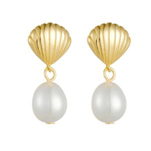 Wholesale Jewelry 925 Sterling Silver 14K Gold Plated Simple Shell Shaped Variant Bead Natural Freshwater Pearl Stud Earrings