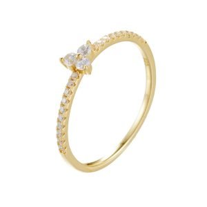 Luxury New Design High Quality 925 Sterling Silver Rings for Women CZ Three Stone Micro Paved Tennis Rings in 14k Gold Plated