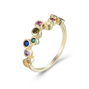 Wholesale Jewelry 925 Sterling Silver 14K Gold Plated Band Multi Color Stone Round Bead Zircon Rainbow Ring for Women