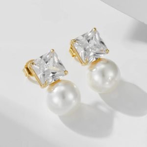 KSE234  New Trendy S925 Sterling Silver Square Zircon Pearl Earrings Fine Jewelry for Women Valentine's Day Gift