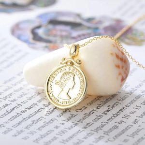 925 Sterling Silver Jewelry 14K Gold Plated British Lucky Sixpence Elizabeth Coin Vintage Necklaces  for Women
