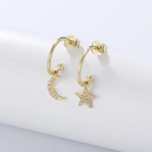 Peishang Latest Design Star Moon Cuff 925 Sterling Silver Jewelry Pave Set White CZ Earrings Gold Plated