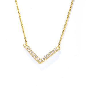 Anniversary Gift 925 Sterling Silver Dainty Cubic Zircon Letter Plating 14 Gold Bar V Necklace for Women Bridal