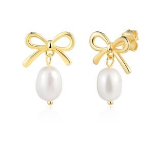 Peishang Jewelry 925 Sterling Silver 14K Gold Plated Pearls Butterfly Bow Tie Stud Earrings for Women