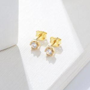 Minimalist Single Stone Hexagonal Psj 925 Sterling Silver 14k Gold Plated CZ Cubic Zirconia Stud Earrings