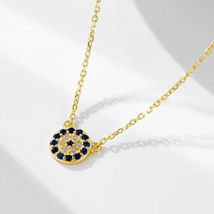 AN235 925 Sterling Silver Delicate Coin Turkish Mini Eye Choker Necklaces Round Cz Blue Eye Pendant Necklace for Women
