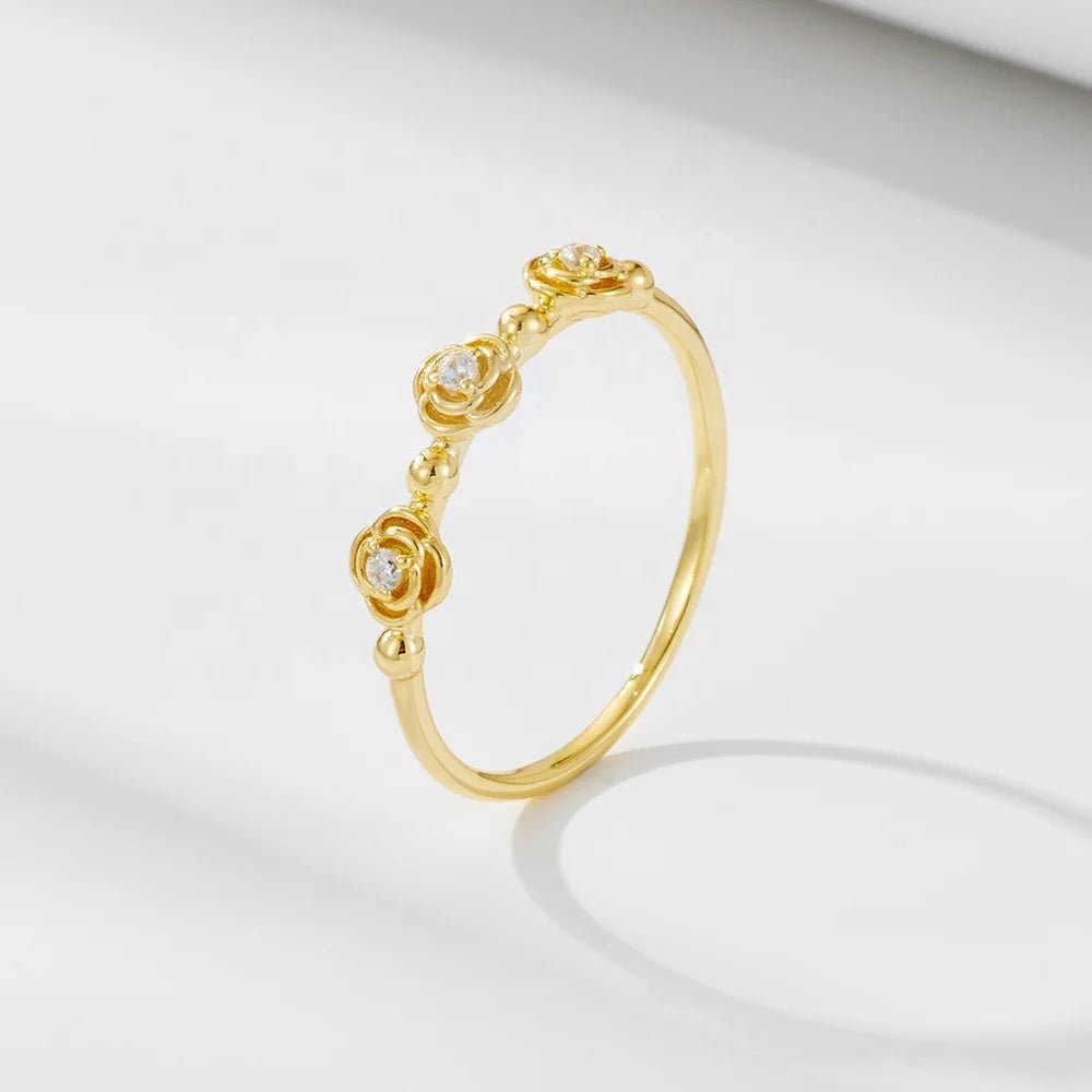 Trendy Engagement Three Rose Flower Stackable 925 Sterling Silver Cubic Zircon Gold Plated Promise Wedding Rings for Women – Image 4