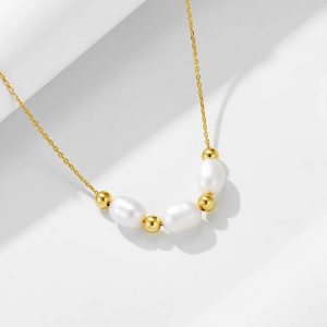 KN0074  Fashion Jewelry 925 Sterling Silver Necklaces Natural Freshwater Pearl Round Bead Gold Plated Necklaces for Women