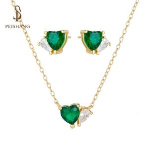 Original Newest Fashion Design 925 Sterling Silver Jewelry Set Emerald Heart Charm Drop Zircon love Earrings Necklace for Women