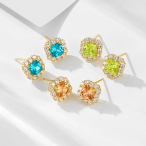 KE5606  925 Sterling Silver Square Citrine Yellow Princess Cut Topaz Blue Peridot Green Square Cubic Zirconia Earrings Studs