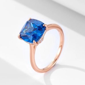 Luxury High Quality Silver Ring 925 Sterling Jewelry Rose Gold Plated Cushion Sapphire Blue Zircon Gemstone Rings Jewelry Women