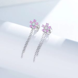 Women Fashion 18K Gold Plated Color Zircon Flower Shape Long Bar Chain Dangle Tassel Earrings