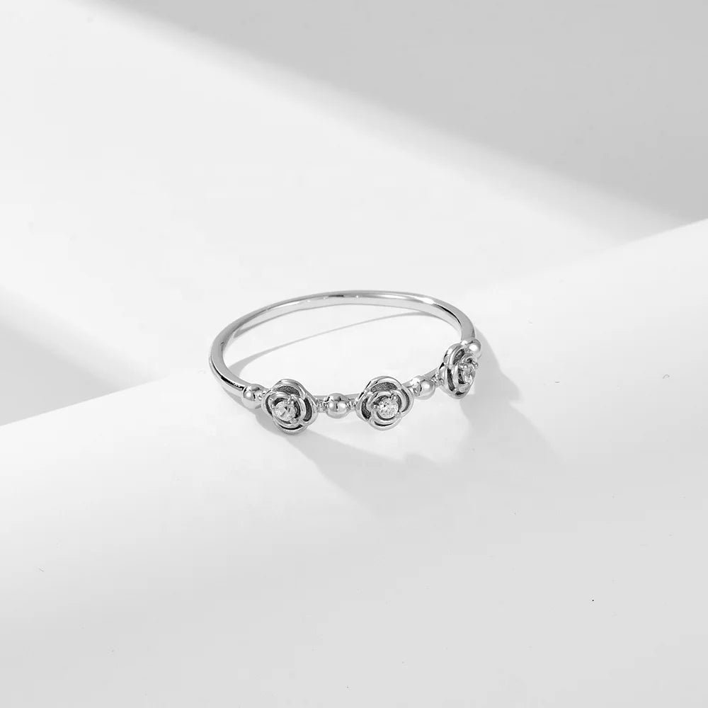 Trendy Engagement Three Rose Flower Stackable 925 Sterling Silver Cubic Zircon Gold Plated Promise Wedding Rings for Women – Image 5