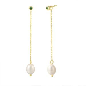 Peishang Jewelry 925 Sterling Silver 14K Gold Plated Pearls Gemstone Nano Stone Long Chain Stud Earrings for Women