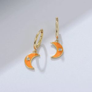 Western Vintage Enamel Moon Drop Psj 925 Sterling Silver 14k Gold Plated CZ Cubic Zirconia Huggies Earrings