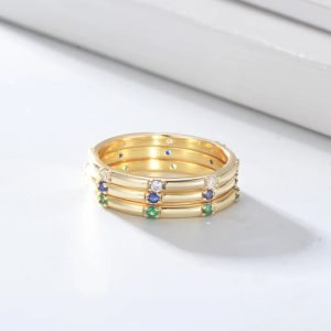 Peishang Simple Ring Set Gold Plated 925 Sterling Silver Pave Setting Different Color Stone Jewelry