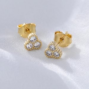 Newest Dainty 925 Sterling Silver 14K 18k Gold Plated White CZ Zircon Three Stone Small Bar Stud Earrings for Women Girls