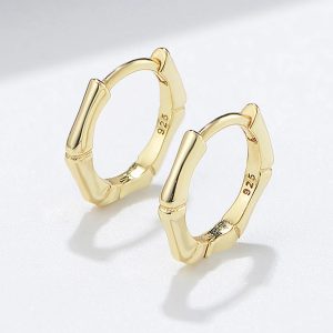 Wholesale Minimalist Bamboo Knots Plant Plain Jewelry Psj S 925 Sterling Silver 14k Gold Plated Huggie Earrings for Women Girls