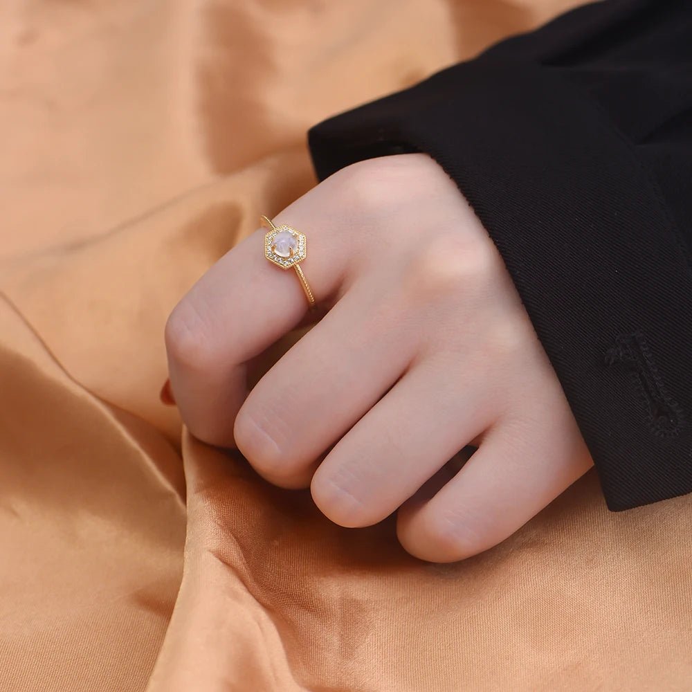 Trendy Hexagon Blue Moonstone Jewelry Psj S925 Sterling Silver 14k Gold Plated CZ Zircon Gemstone Rings for Women Girls â Image 3