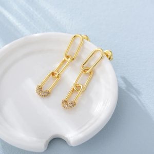 Wholesale Ins Minimalist Link Chain Drop Earrings 18K Gold Plated Jewellery Cz Custom Gold Vermeil Paper Clip Earrings for Women