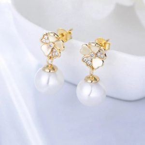Classic Mom Gift Flower Single Shell Pearl Psj 925 Sterling Silver 14k Gold Plated Cubic Zircon Drop Down Earrings for Women