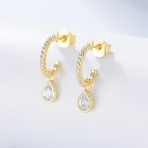 2024 New Design Funky 14k Gold Plated Twisted Cuff Pear Cz Drop Charm Fancy Earring
