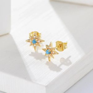 Women Girls Turquoise Gemstone Starburst Jewelry Psj S 925 Sterling Silver 14k Gold Plated Bling CZ Zircon Huggies Stud Earrings