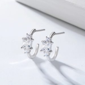 Peishang Wholesale Cuff Rhodium Plated Round Princess Cut CZ Claw Set Earrings 925 Sterling Silver Jewelry