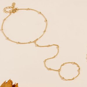 Peishang Wholesale Jewelry 925 Sterling Silver Gold Plated Hand Link Interweave Finger Bead Chain Hand Chain Ring Bracelets