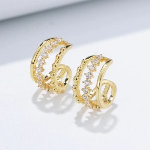 KE3364 Fashion Three Stripes Jewelry  S 925 Sterling Silver 14k Gold Plated Bling Cubic Zirconia Cuff Earrings for Women Girls