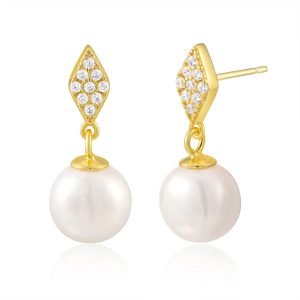 Peishang Jewelry 925 Sterling Silver 14K Gold Plated Pearls Geometric Rhombus Stud Earrings for Women