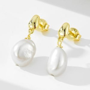 Peishang Jewelry 925 Sterling Silver 14K Gold Plated Geometrical Bead Natural Baroque Pearl Pendant Earrings