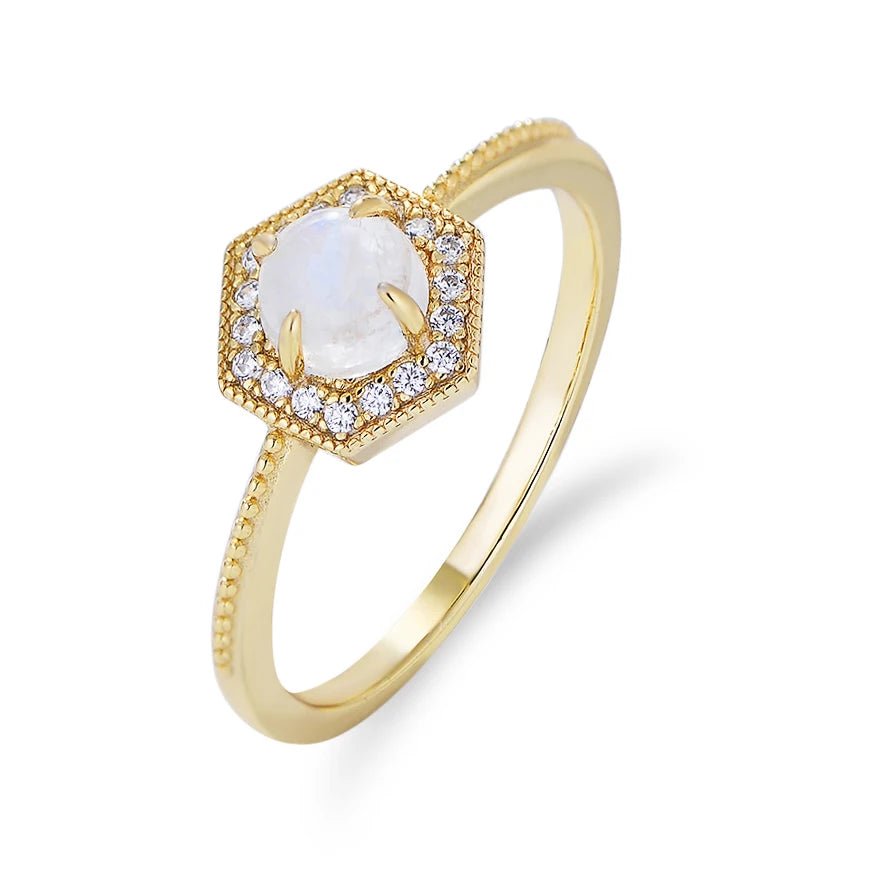 Trendy Hexagon Blue Moonstone Jewelry Psj S925 Sterling Silver 14k Gold Plated CZ Zircon Gemstone Rings for Women Girls