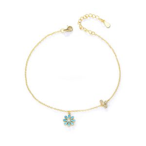 Newest Custom 925 Sterling Silver Enamel Flower Bead Chain Light Blue Beach Style Daisy Anklet