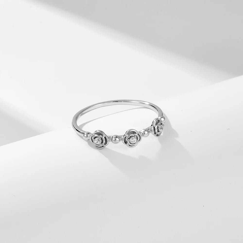 Trendy Engagement Three Rose Flower Stackable 925 Sterling Silver Cubic Zircon Gold Plated Promise Wedding Rings for Women – Image 7