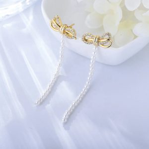 Wholesale INS Korean Delicate Post Bow Ties Zircon Drop Earrings 18k Gold Plated Female Bowknot Shell Pearl Tassel Earrings